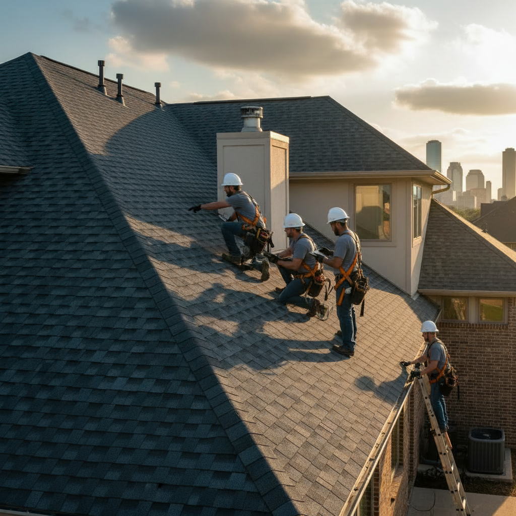 Professional roofing team performing a detailed inspection on a Houston home