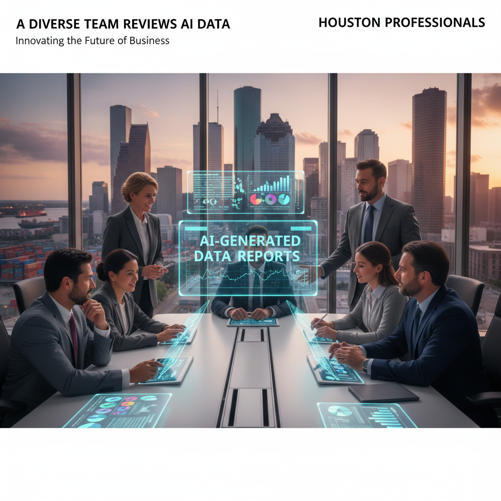 A diverse team of Houston professionals reviewing AI-generated data reports in a modern office with the Houston skyline in the background.