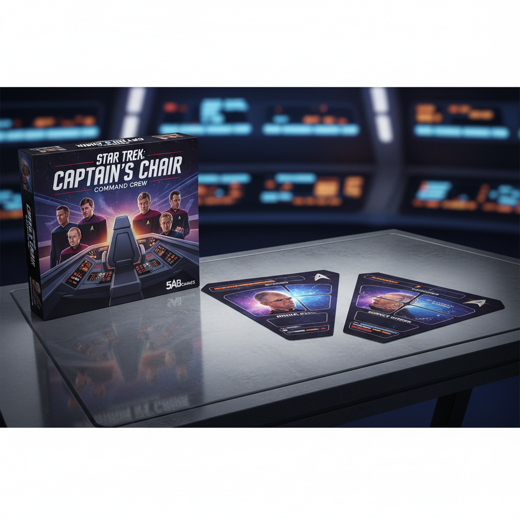 A close-up of the Star Trek: Captain's Chair box art and the asymmetrical character mats.