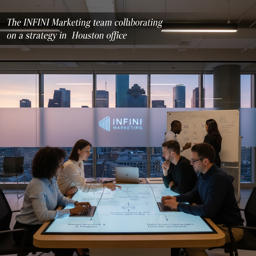 The INFINI Marketing team collaborating on a strategy in their Houston office