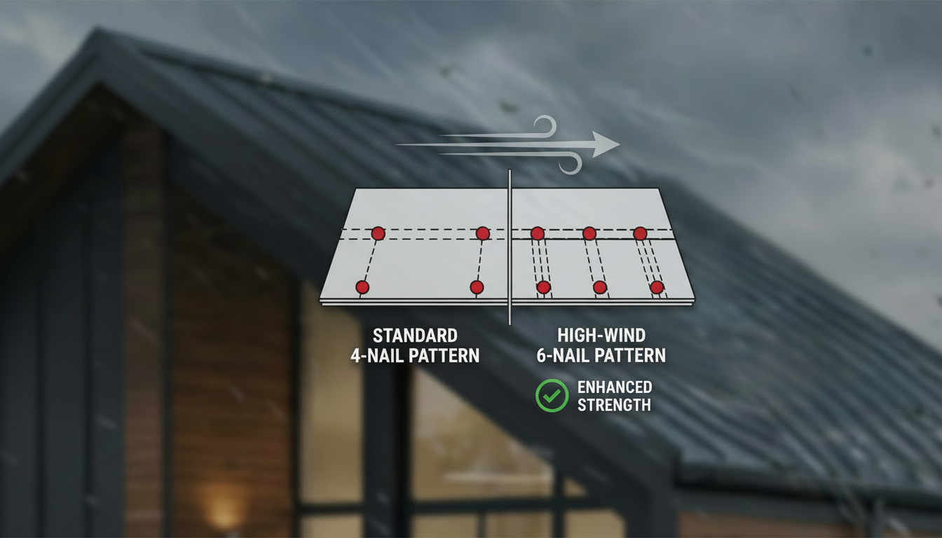 Diagram of a high-wind shingle fastening pattern showing 6 nails instead of 4