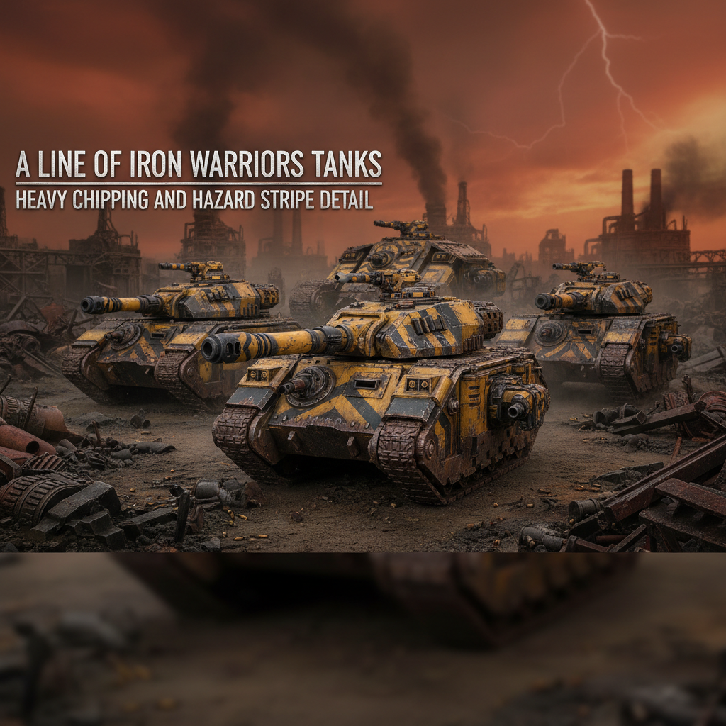 A line of Iron Warriors tanks showing heavy chipping and hazard stripe detail.