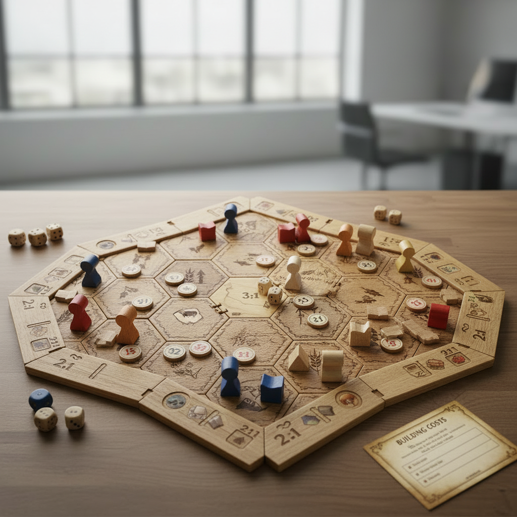 A top-down view of a classic Catan board setup with wooden pieces