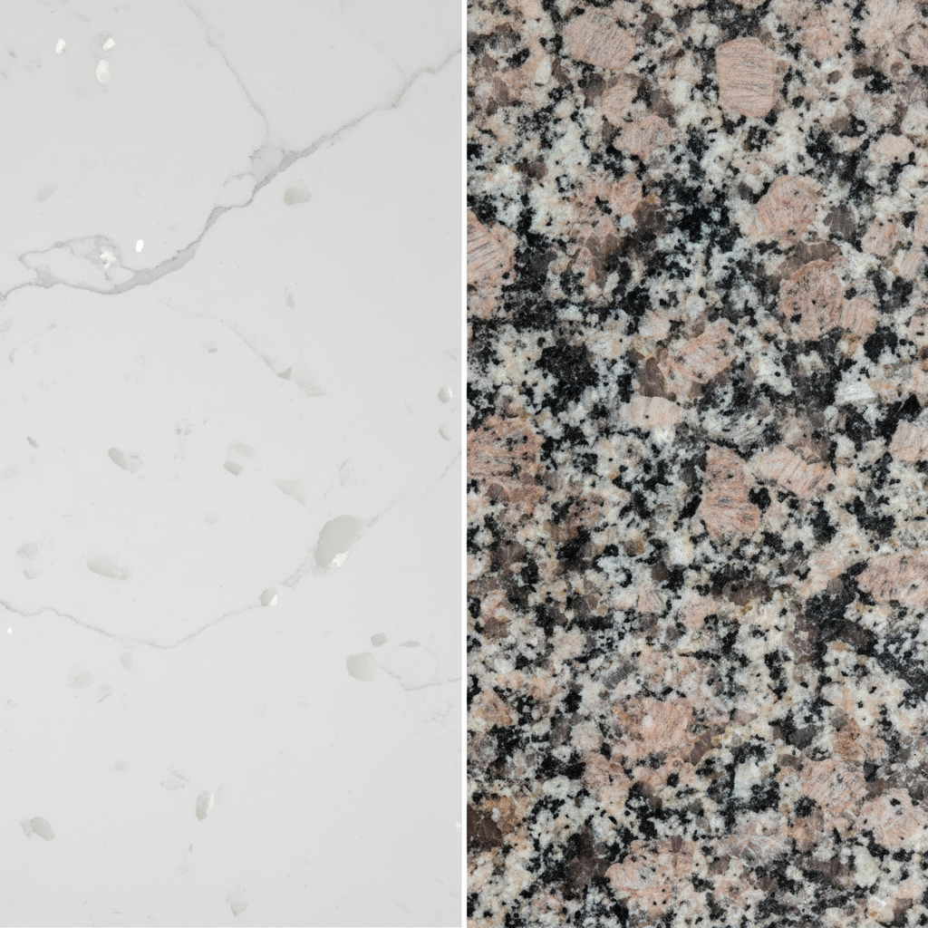 A close-up side-by-side comparison of quartz and granite textures