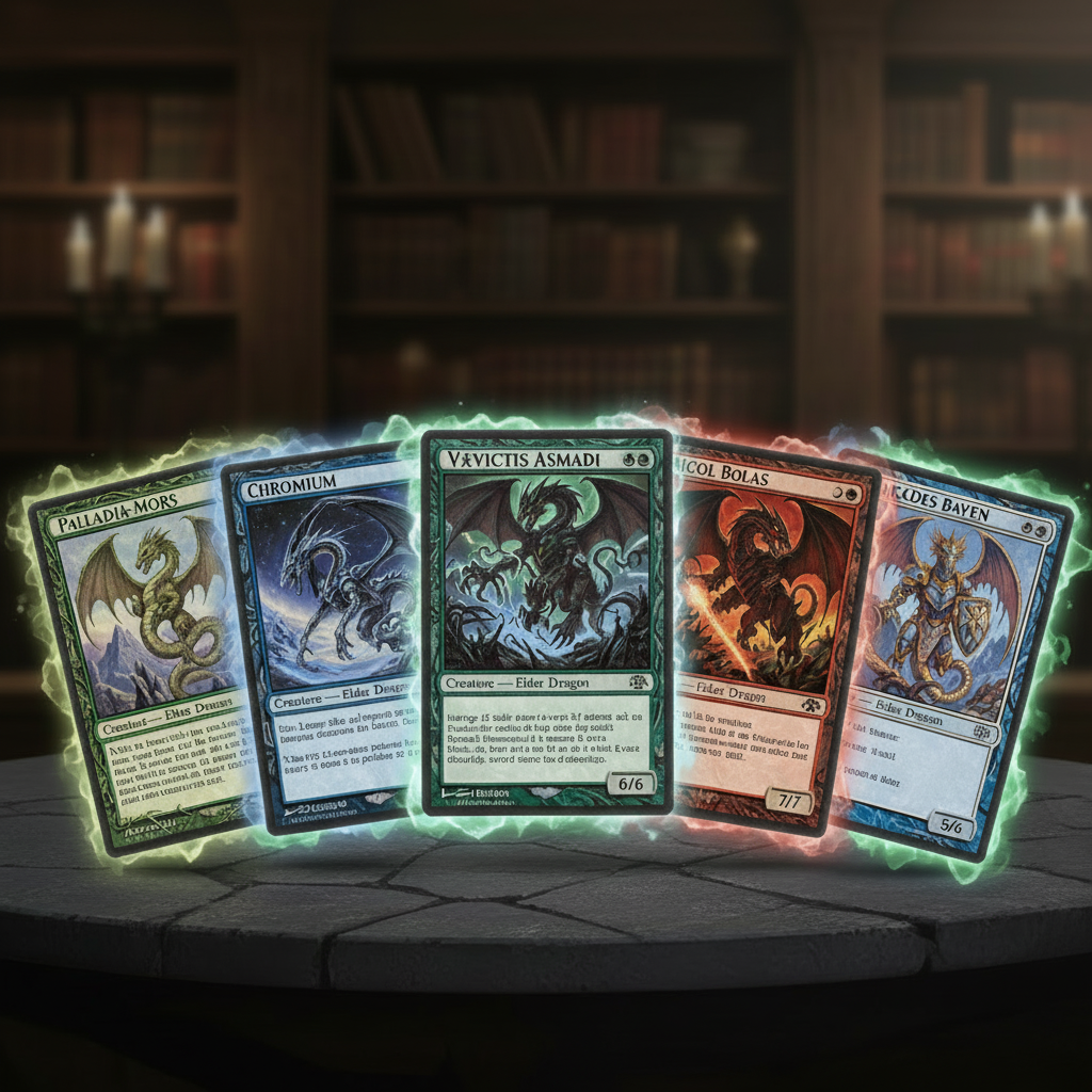 An infographic or photo showing the original five Elder Dragon cards from the Legends set.