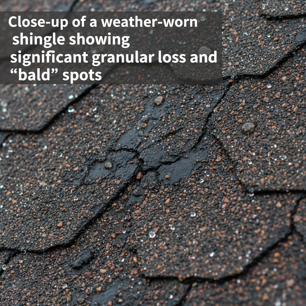 Close-up of a weather-worn shingle showing significant granular loss and
