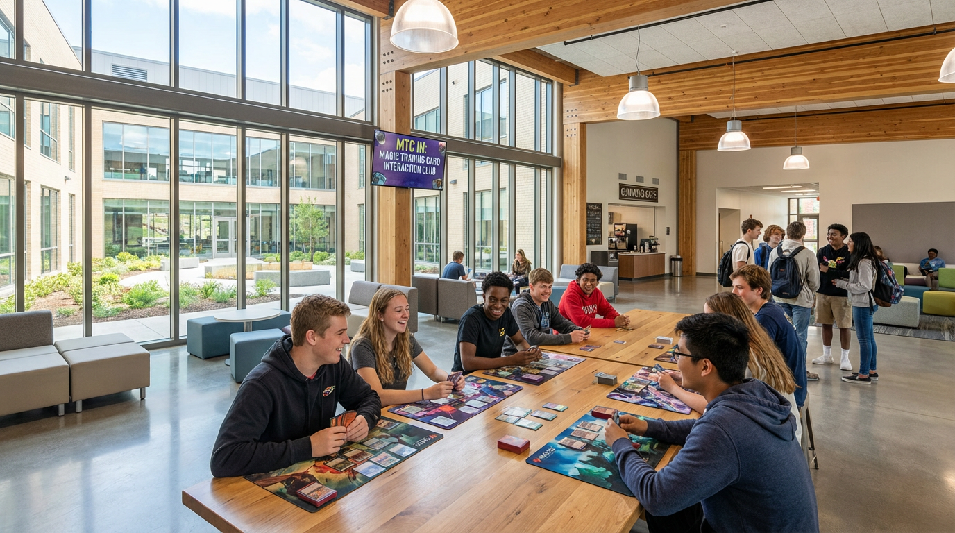 A group of high school students playing MTG in a bright, modern school commons area