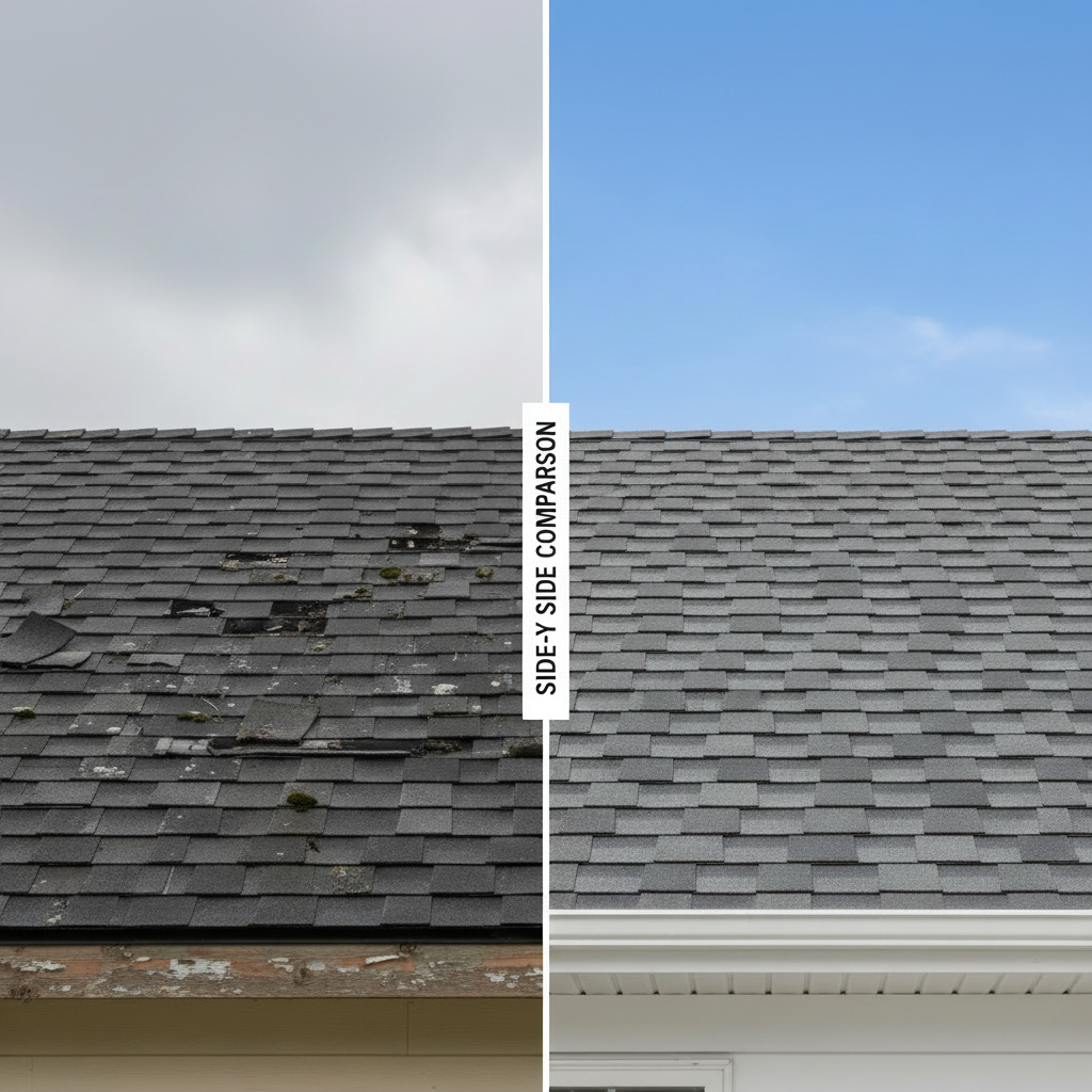 A side-by-side comparison of a weathered roof and a newly installed architectural shingle roof