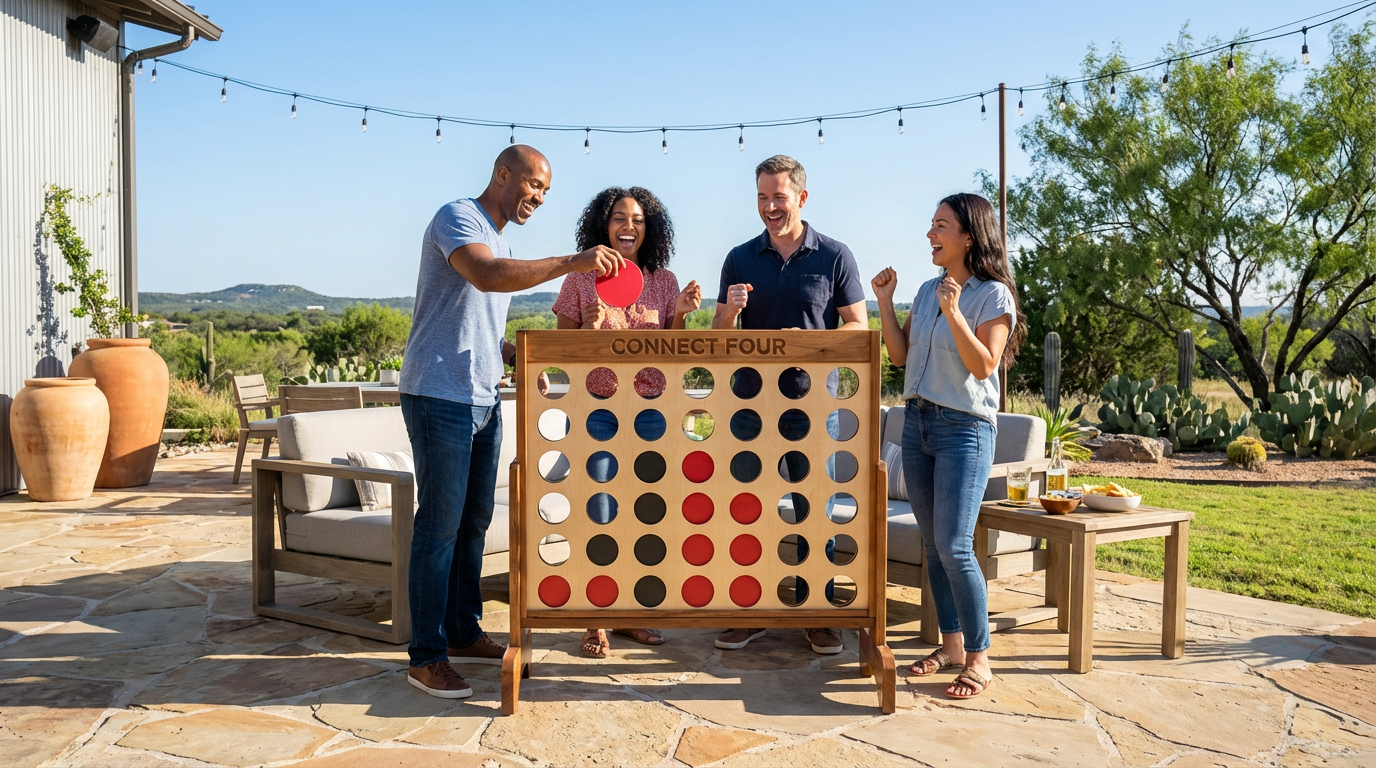 A group of friends playing a waist-high wooden Connect Four set on a sunny patio in Texas