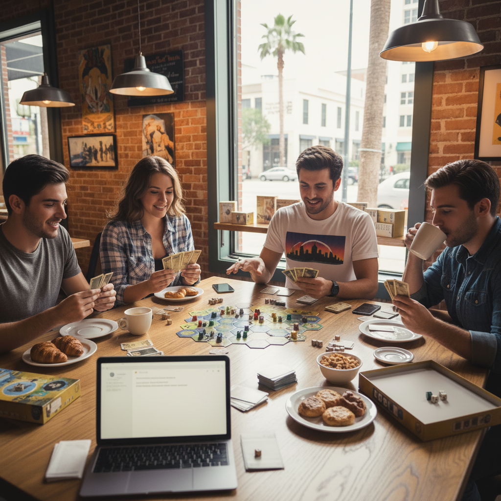 Gamers playing Catan at a local Houston cafe with coffee and snacks