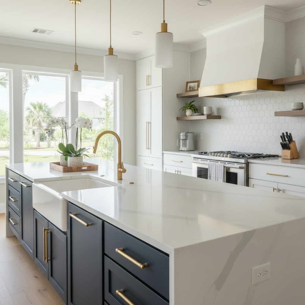 A modern Houston kitchen featuring white quartz countertops and gold hardware