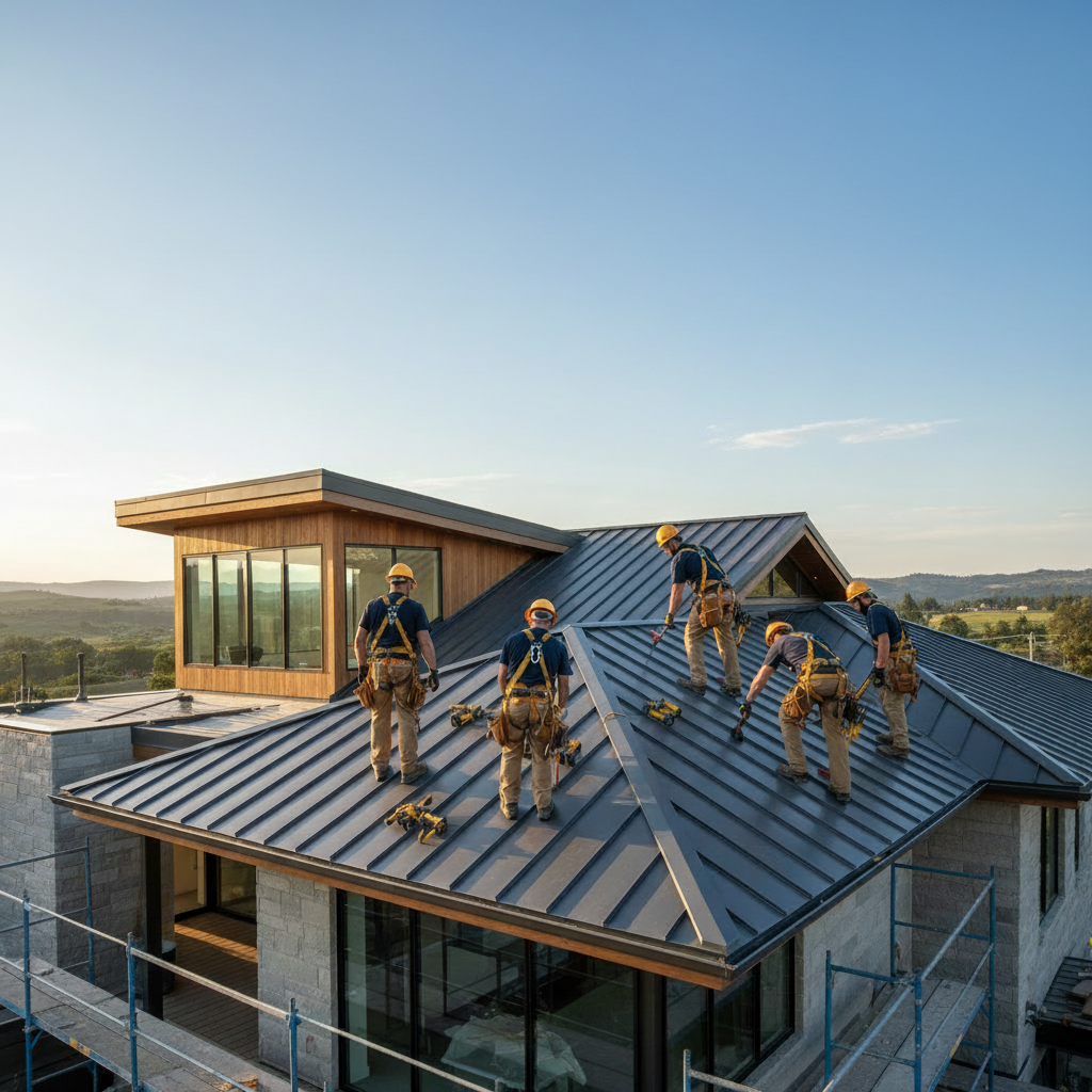 Professional roofing crew installing a standing seam metal roof on a luxury home