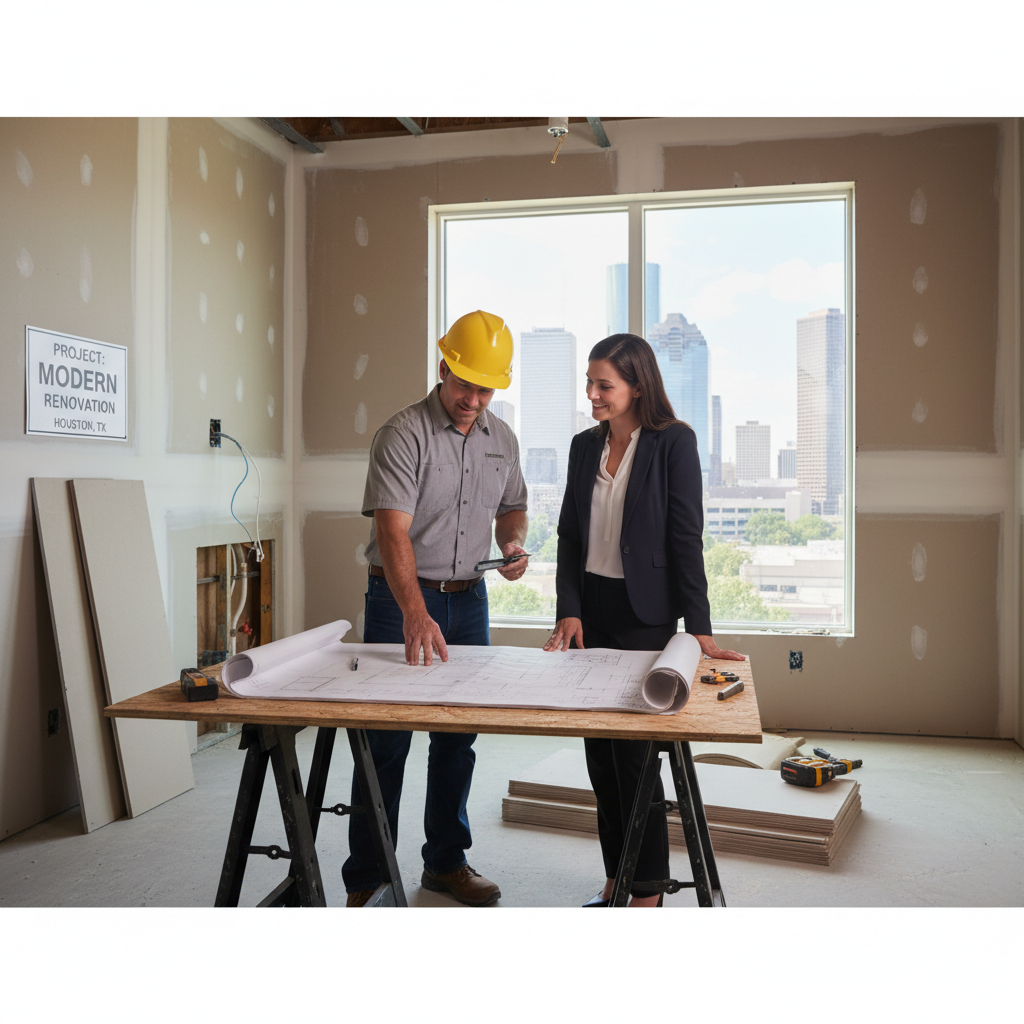 A professional contractor reviewing blueprints with a Houston homeowner in a partially finished bathroom.