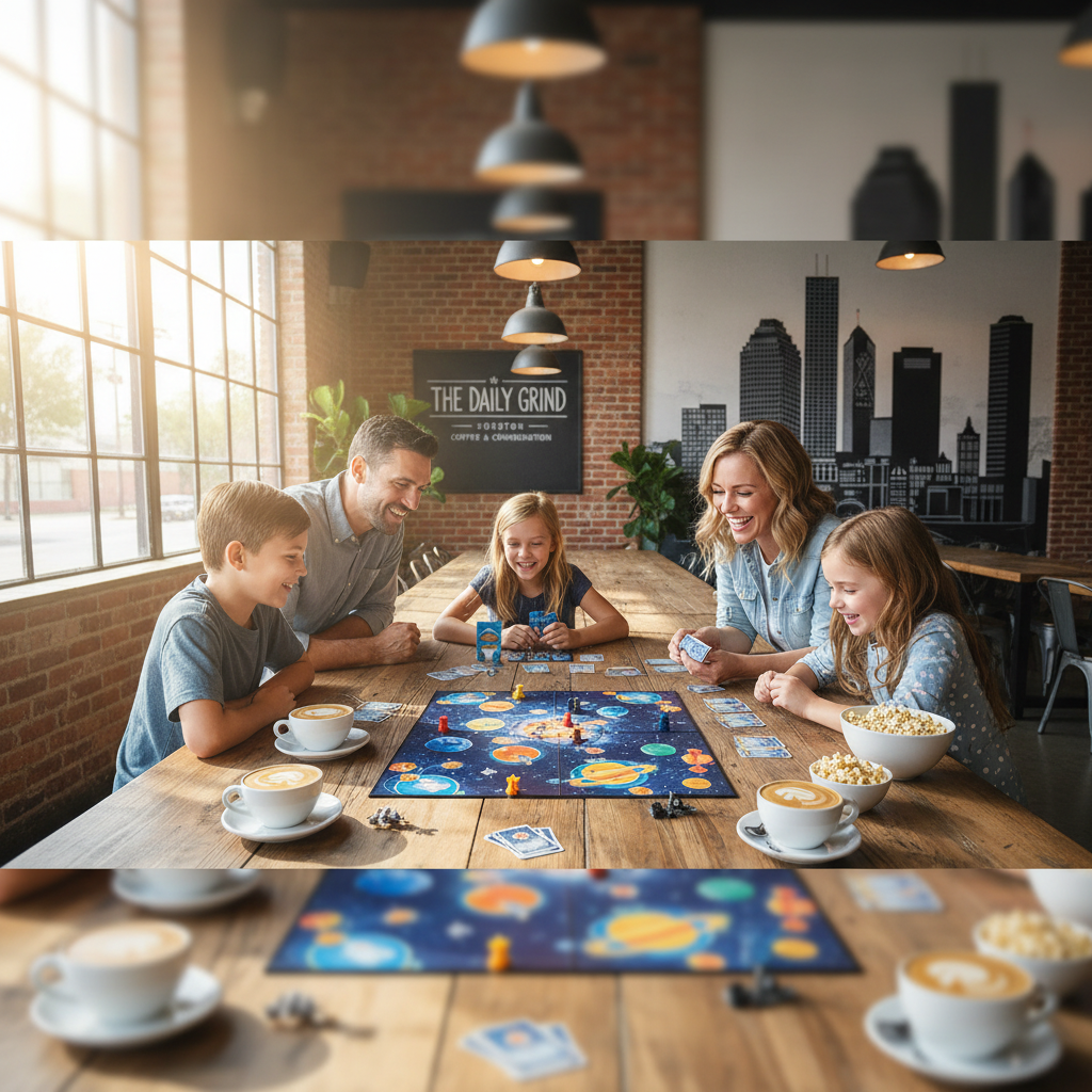 A family sitting at a large wooden table in a brightly lit Houston cafe, playing a colorful board game with lattes and snacks nearby.