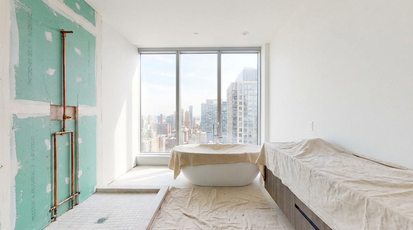 A modern, high-end Houston bathroom mid-renovation showing exposed plumbing and moisture-resistant backer board.