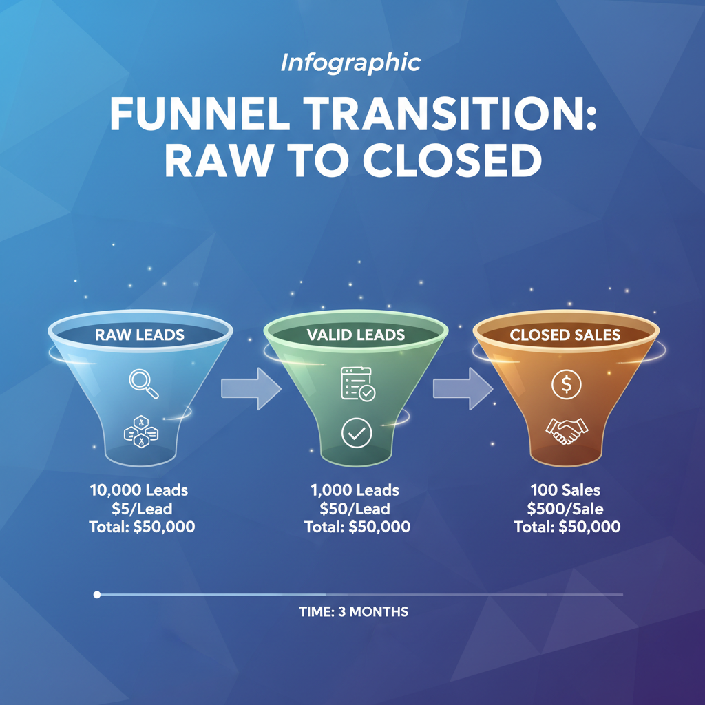 Infographic showing the funnel transition from Raw Leads to Valid Leads to Closed Sales with associated costs.