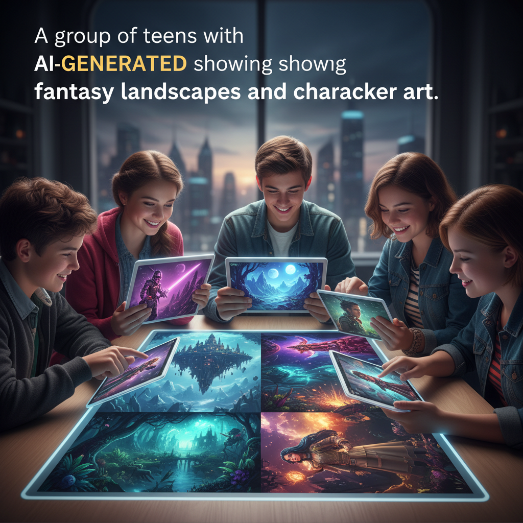 A group of teens at a table with tablets showing AI-generated fantasy landscapes and character art.
