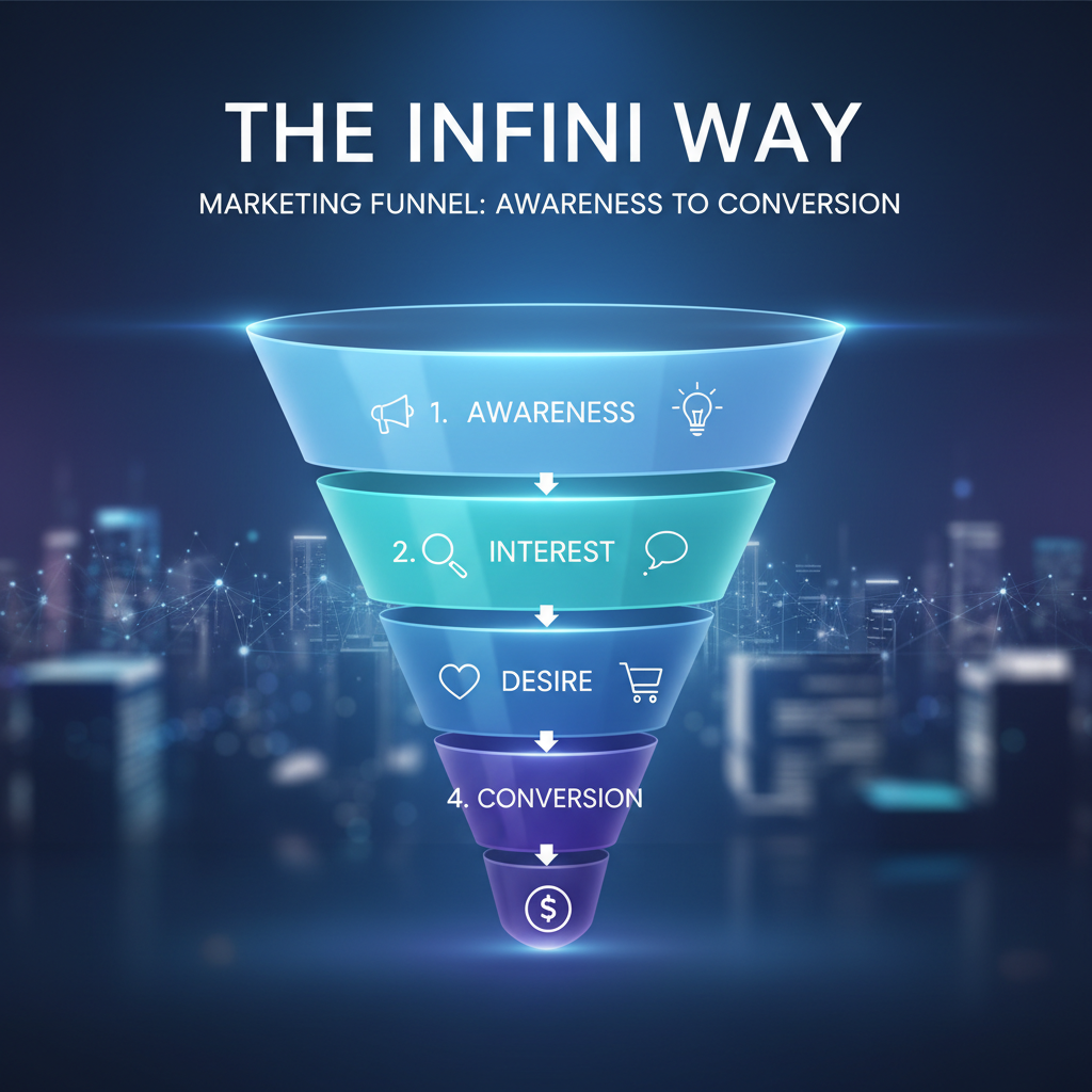Infographic showing the 'INFINI Way' marketing funnel from awareness to conversion