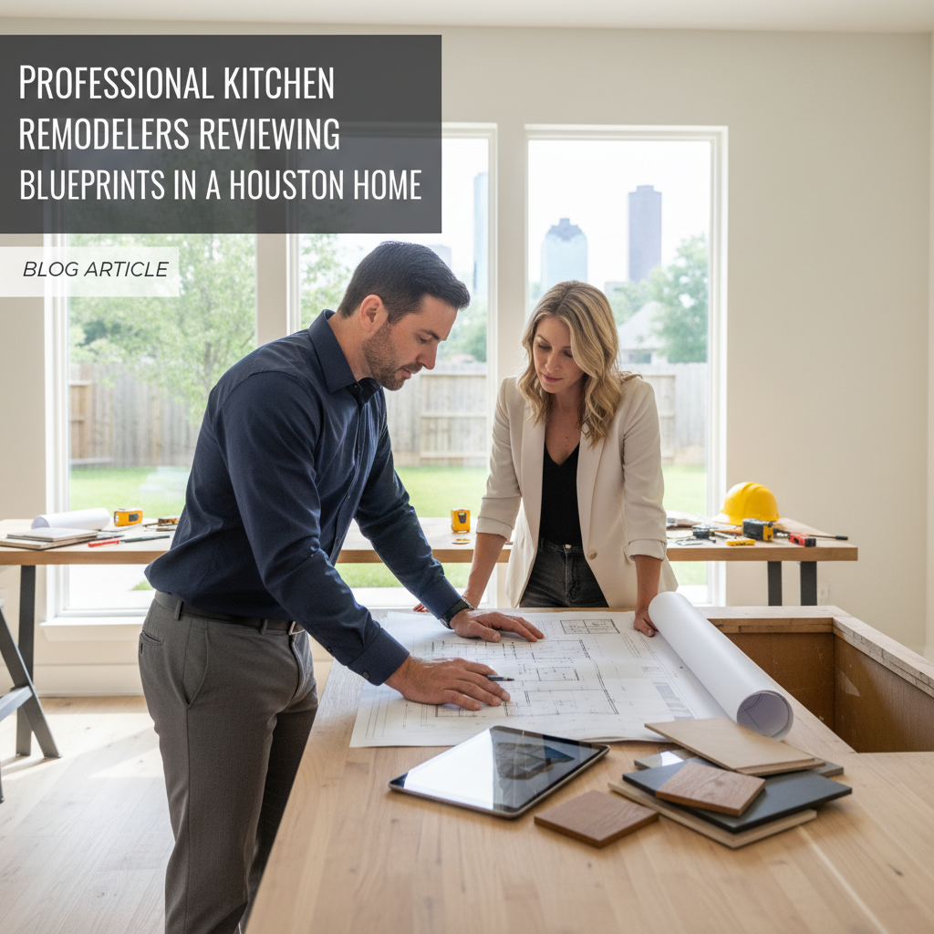 Professional kitchen remodelers reviewing blueprints in a Houston home