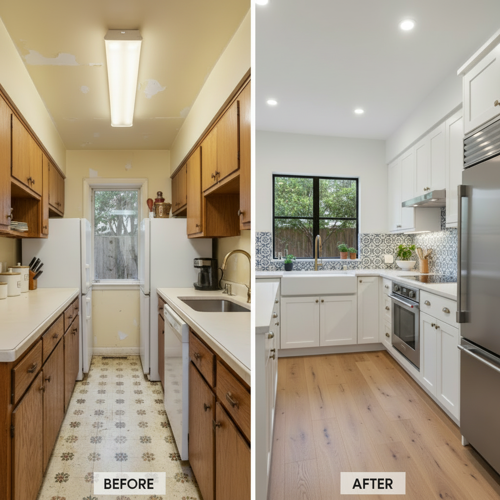 A before-and-after comparison of a galley kitchen in a Houston bungalow.