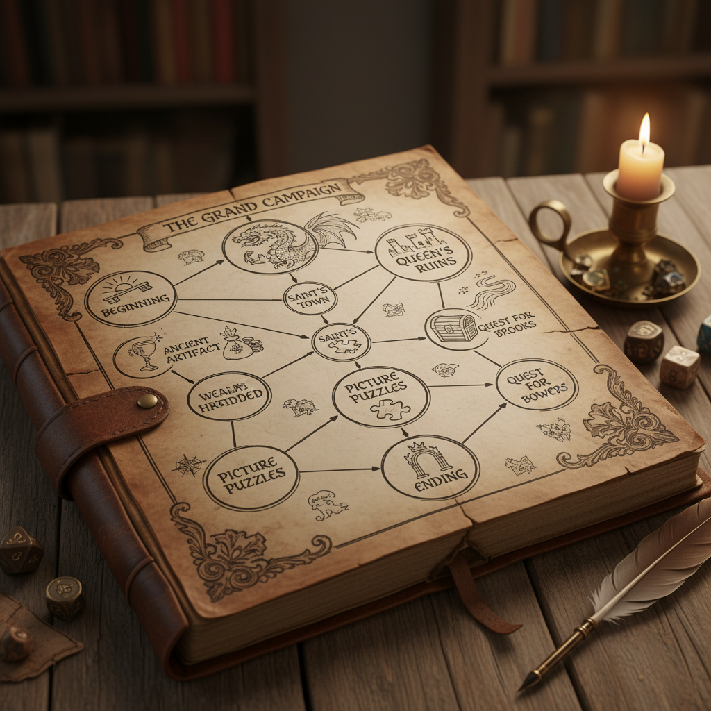 A leather-bound DM journal showing a flow chart of branching paths and major plot icons