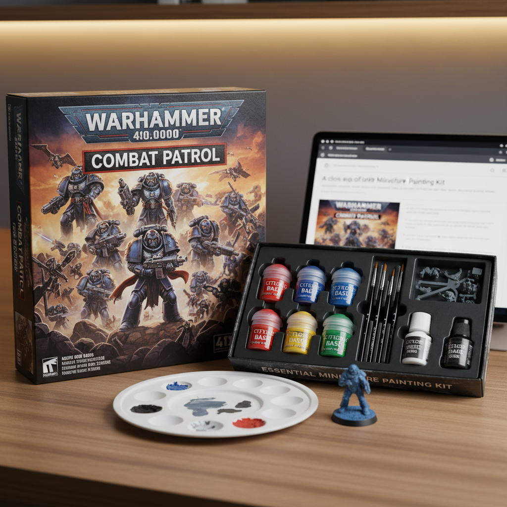 A close-up of a Combat Patrol box next to a basic painting kit
