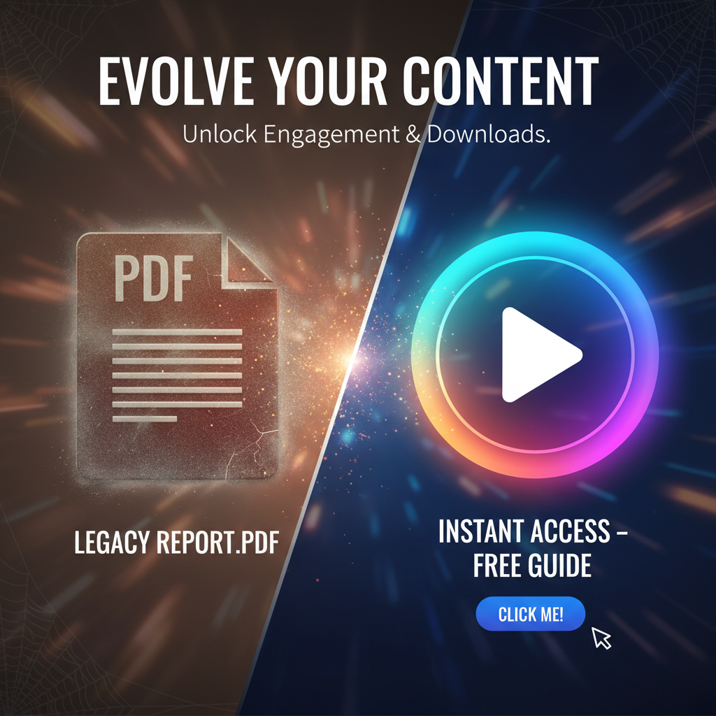 A comparative graphic showing a dusty PDF icon vs. a vibrant, play-button-styled lead magnet button