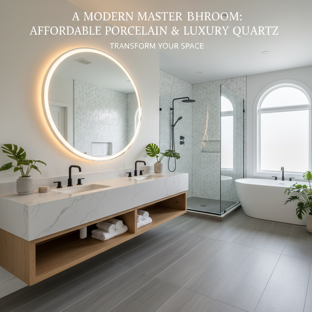 A modern master bathroom showing a mix of affordable porcelain floor tile and a luxury quartz vanity top