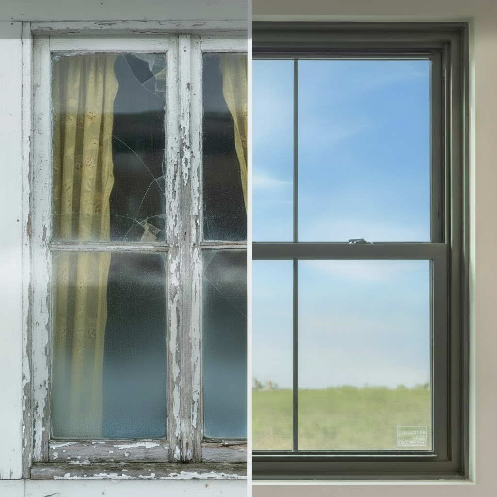 Comparison of an old, drafty window next to a modern energy-efficient window