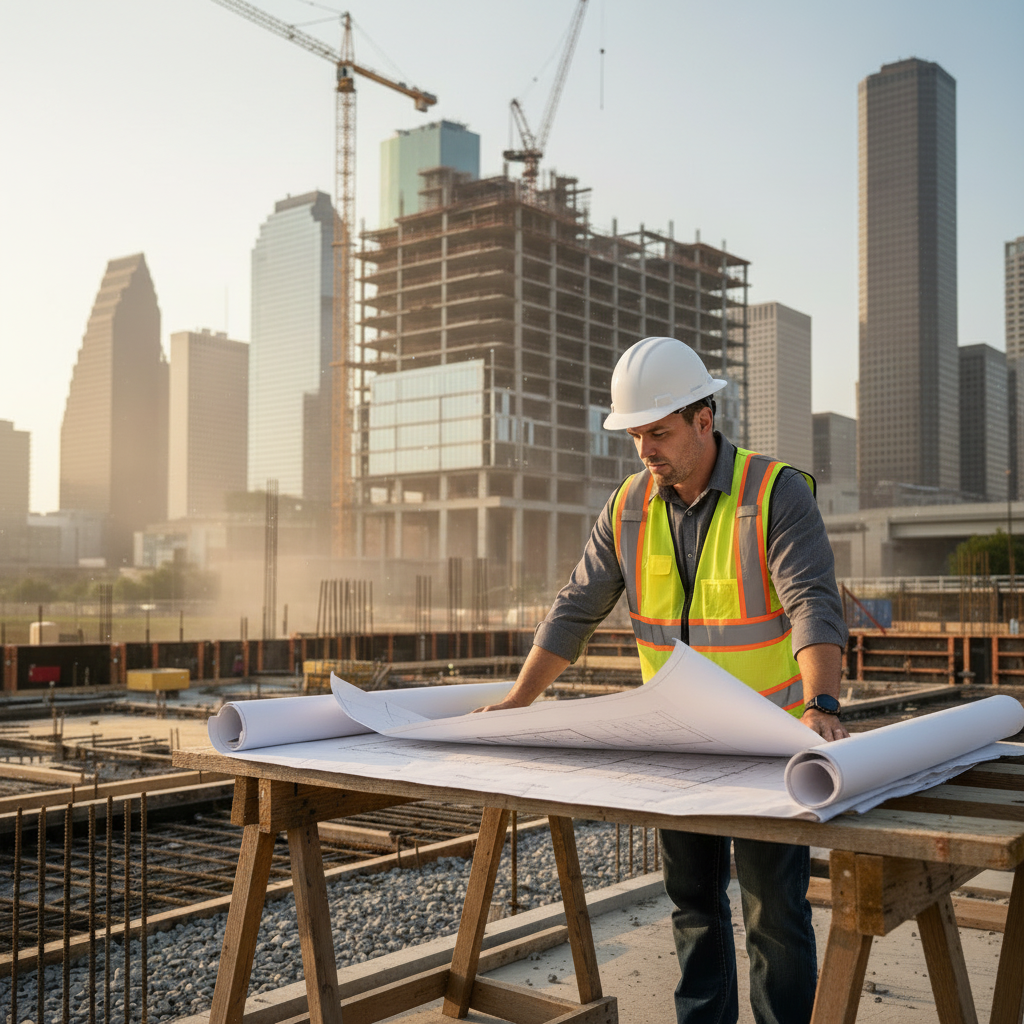 A professional general contractor looking over blueprints on a Houston job site