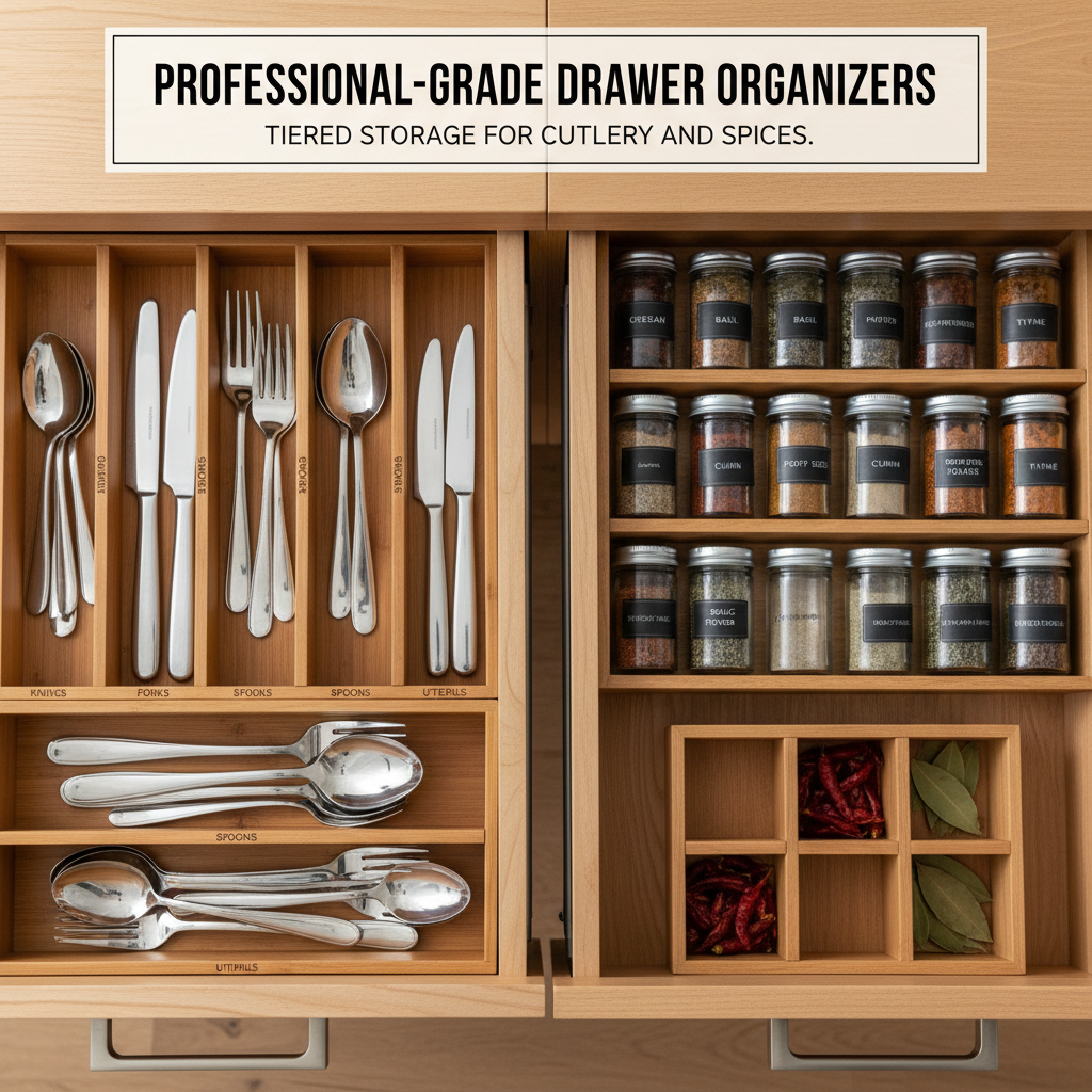 Professional-grade drawer organizers showing tiered storage for cutlery and spices.