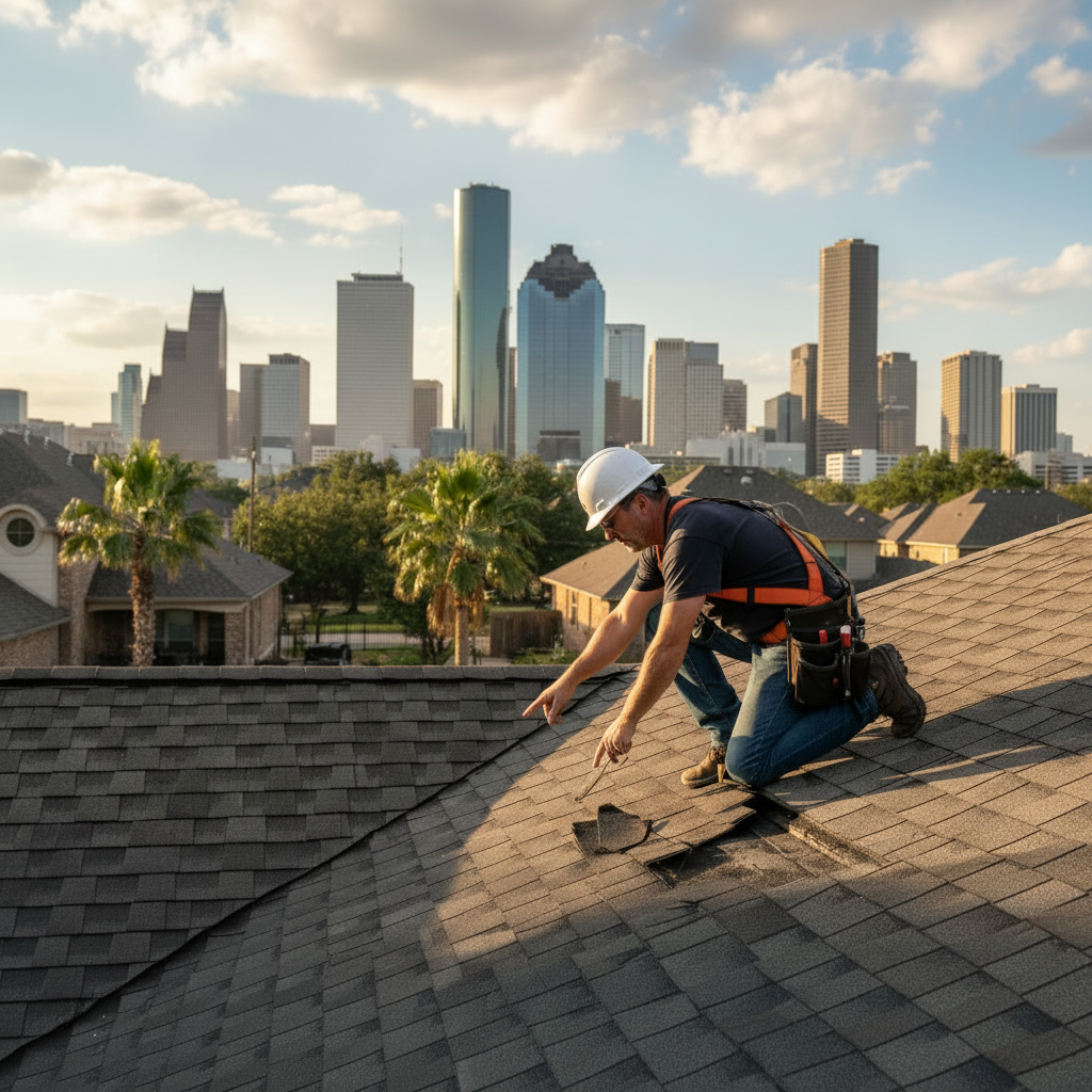 Professional roofer inspecting a Houston home's asphalt shingle roof for wind damage
