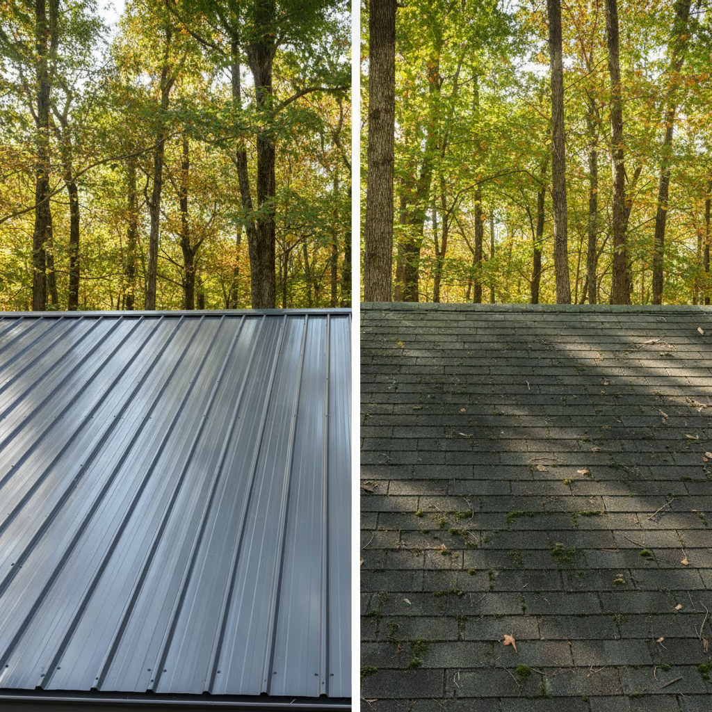 A side-by-side comparison of a clean metal roof next to a stained shingle roof in a wooded area