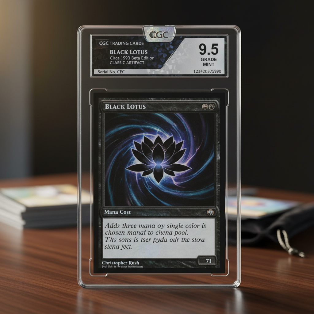 A high-quality close-up of a Black Lotus card in a professional grading slab