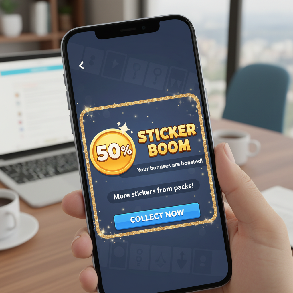 A screenshot of a Monopoly Go Sticker Boom notification showing the 50% bonus icon.