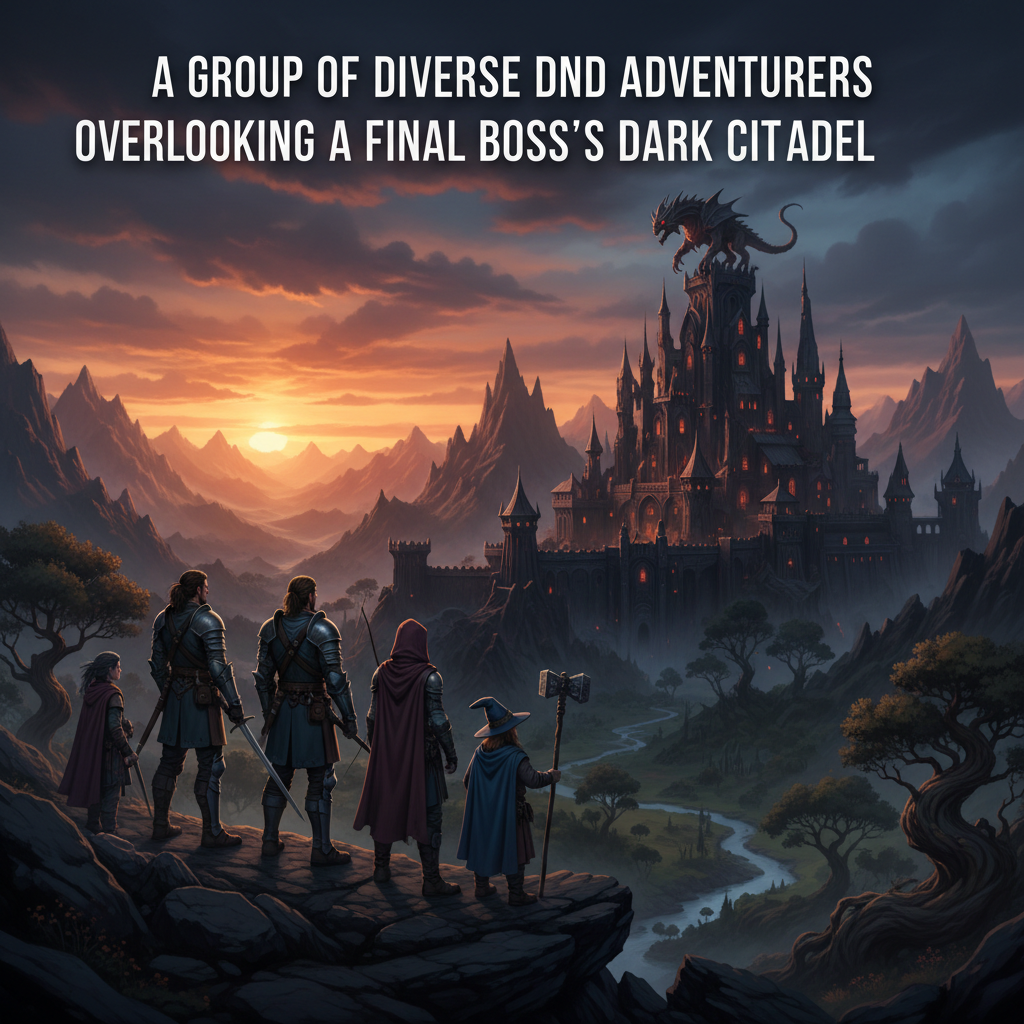 A group of diverse D&D adventurers overlooking a final boss's dark citadel