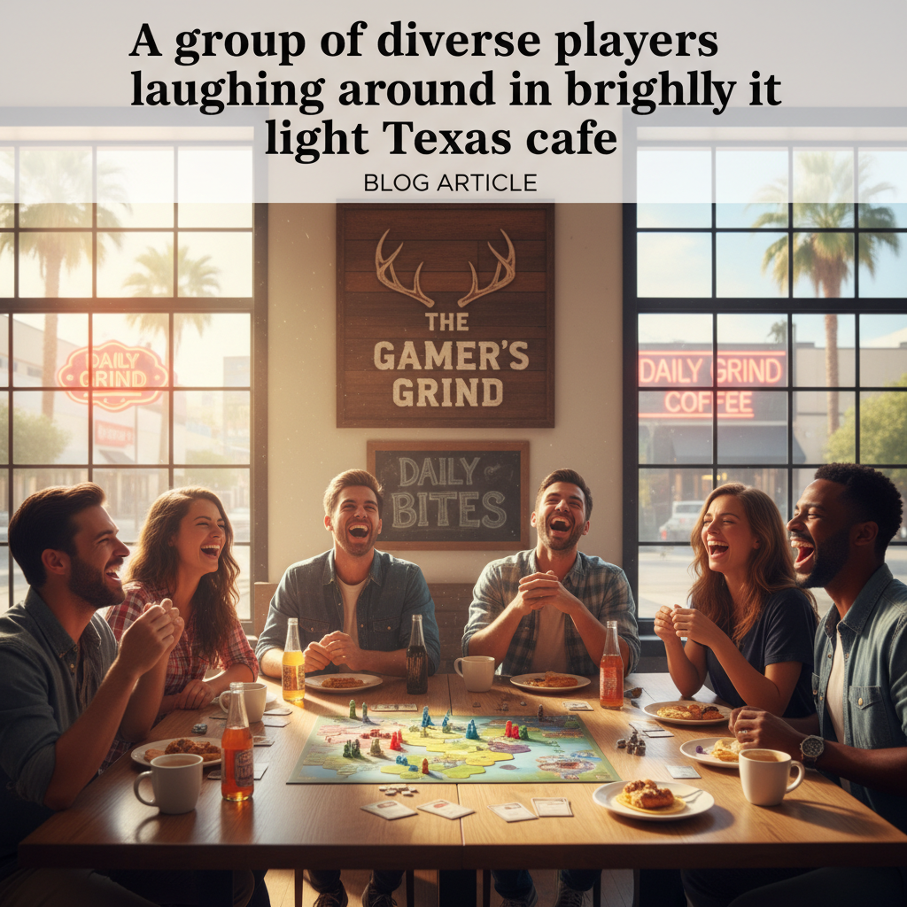 A group of diverse players laughing around a board game in a brightly lit Texas cafe