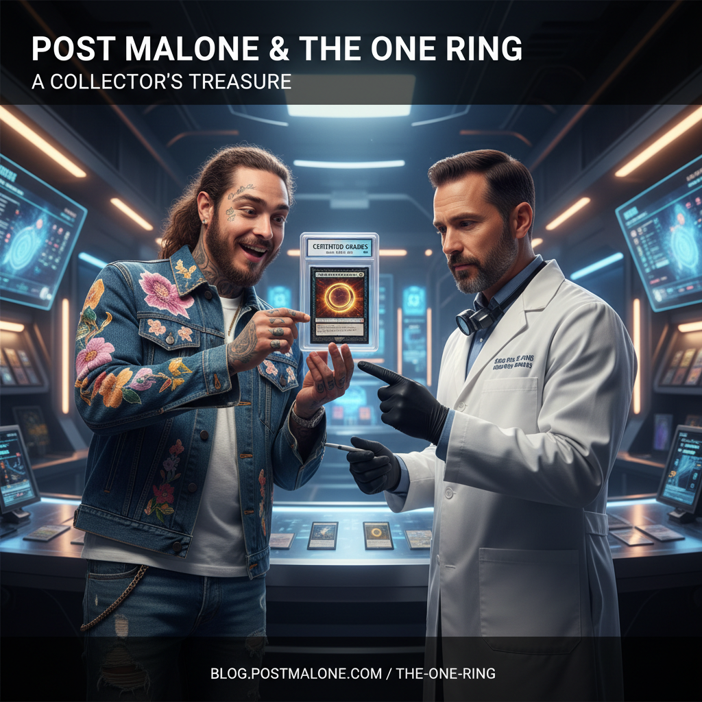 Post Malone holding The One Ring card with a professional grader