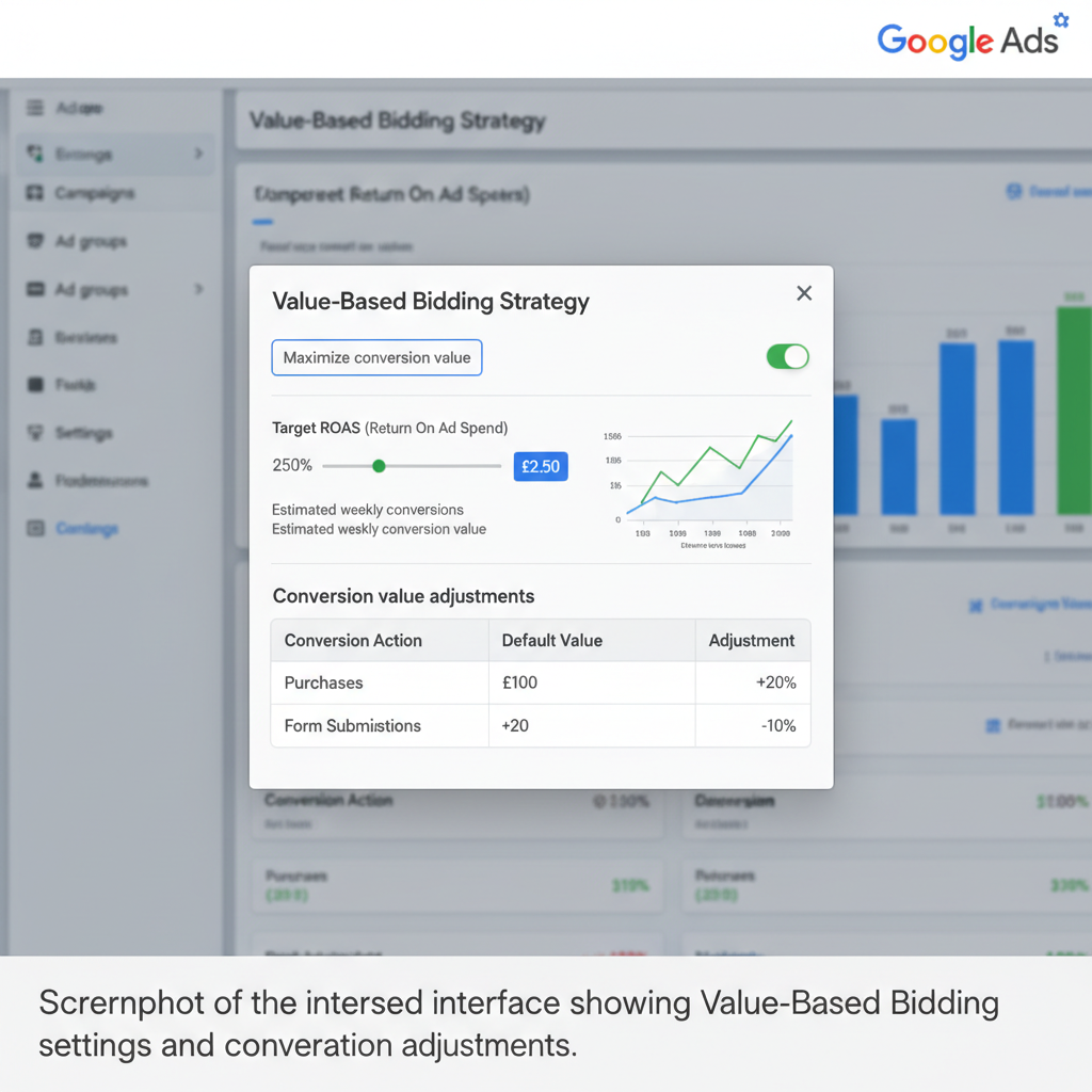 Screenshot of Google Ads interface showing Value-Based Bidding settings and conversion value adjustments.