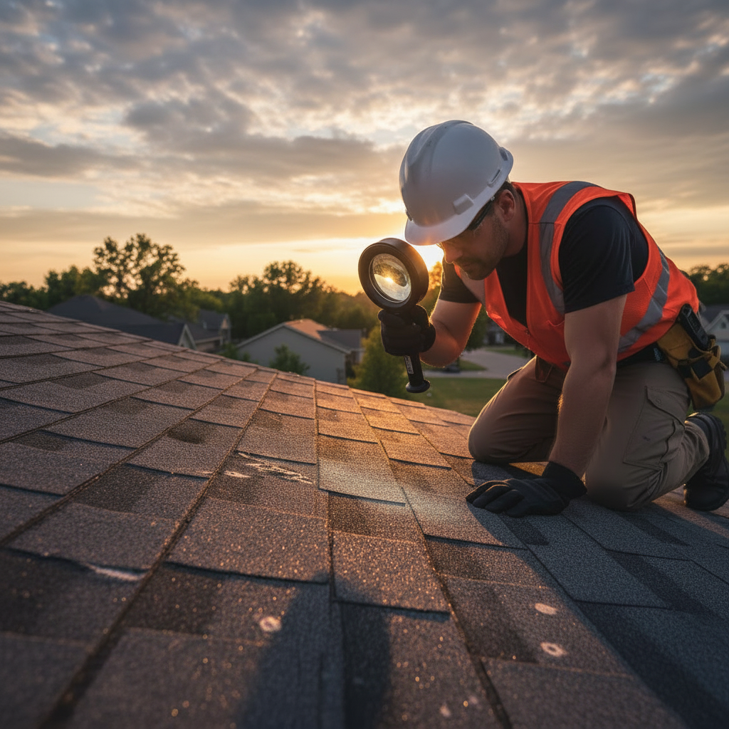 A roofing professional using a specialized magnifying tool to inspect asphalt shingles for bruising.