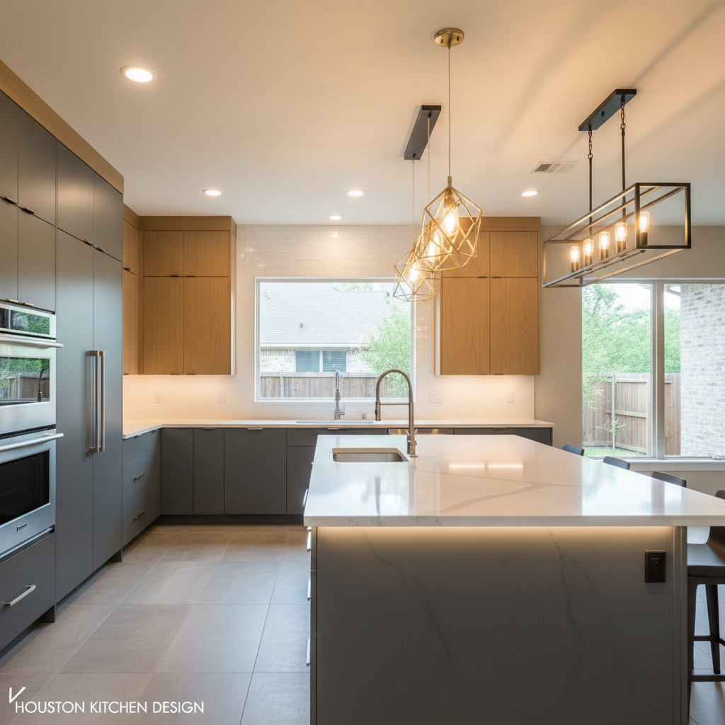 A modern, completed Houston kitchen with quartz countertops and custom lighting