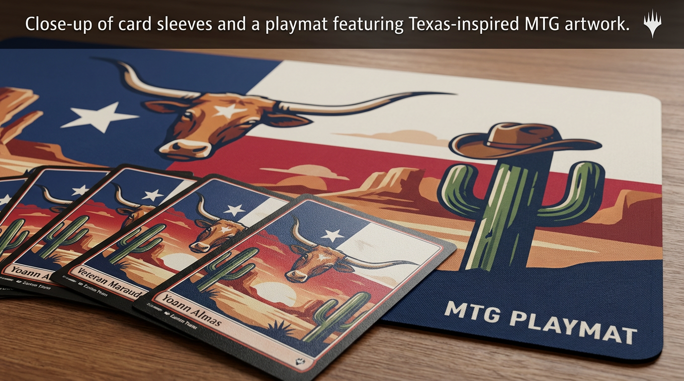 Close-up of card sleeves and a playmat featuring Texas-inspired MTG artwork