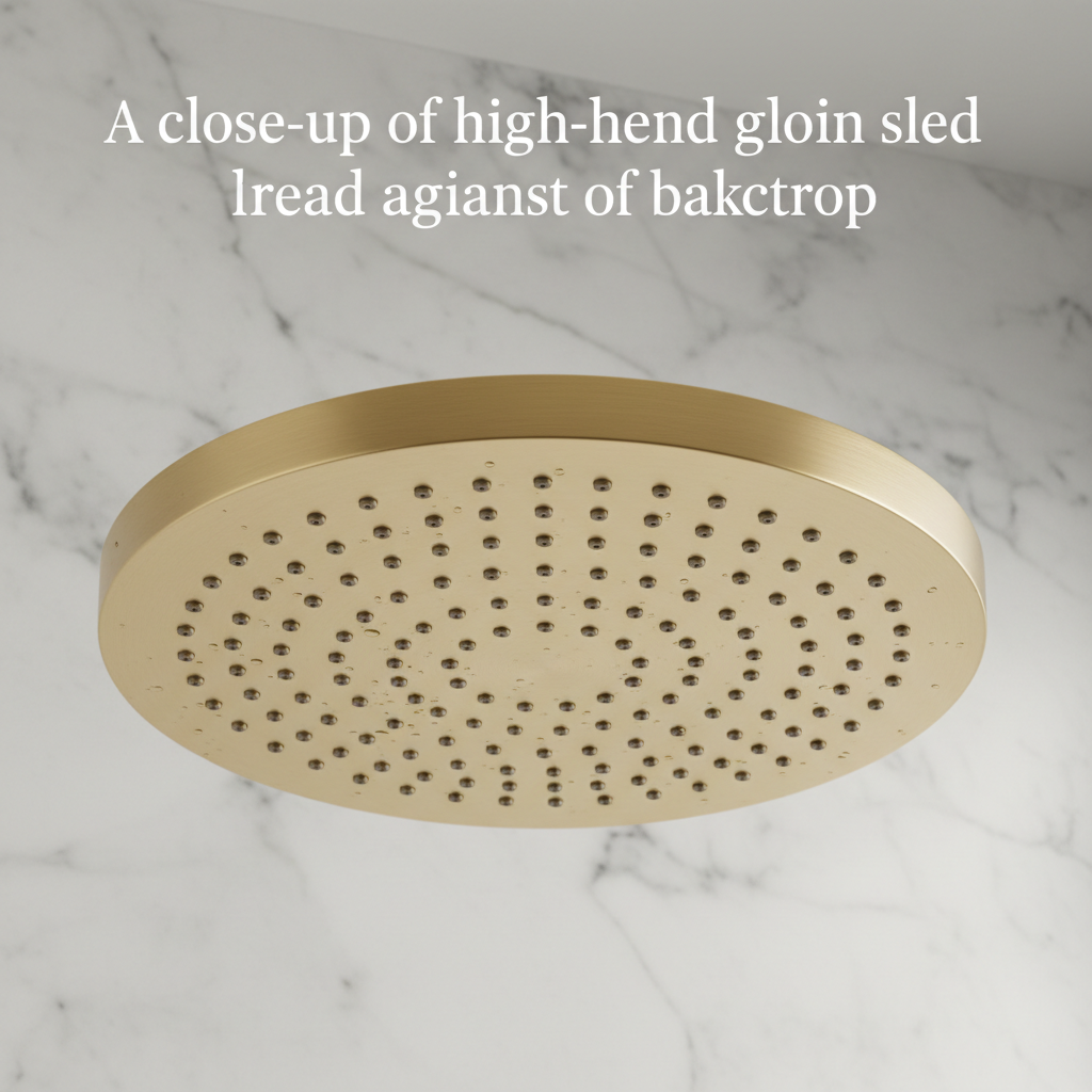 A close-up of a high-end brushed gold rain shower head against a marble backdrop