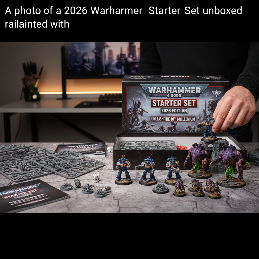 A photo of a 2026 Warhammer 40k Starter Set unboxed with painted miniatures
