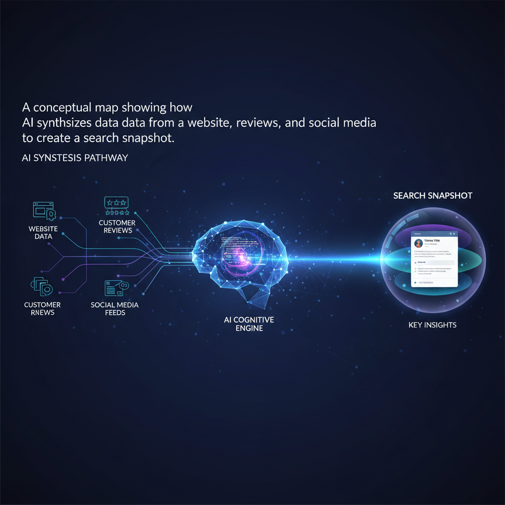 A conceptual map showing how AI synthesizes data from a website, reviews, and social media to create a search snapshot.