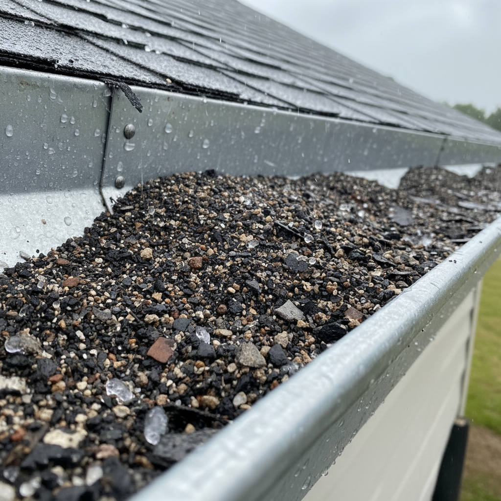 Close-up of a gutter filled with asphalt granules after a hailstorm.