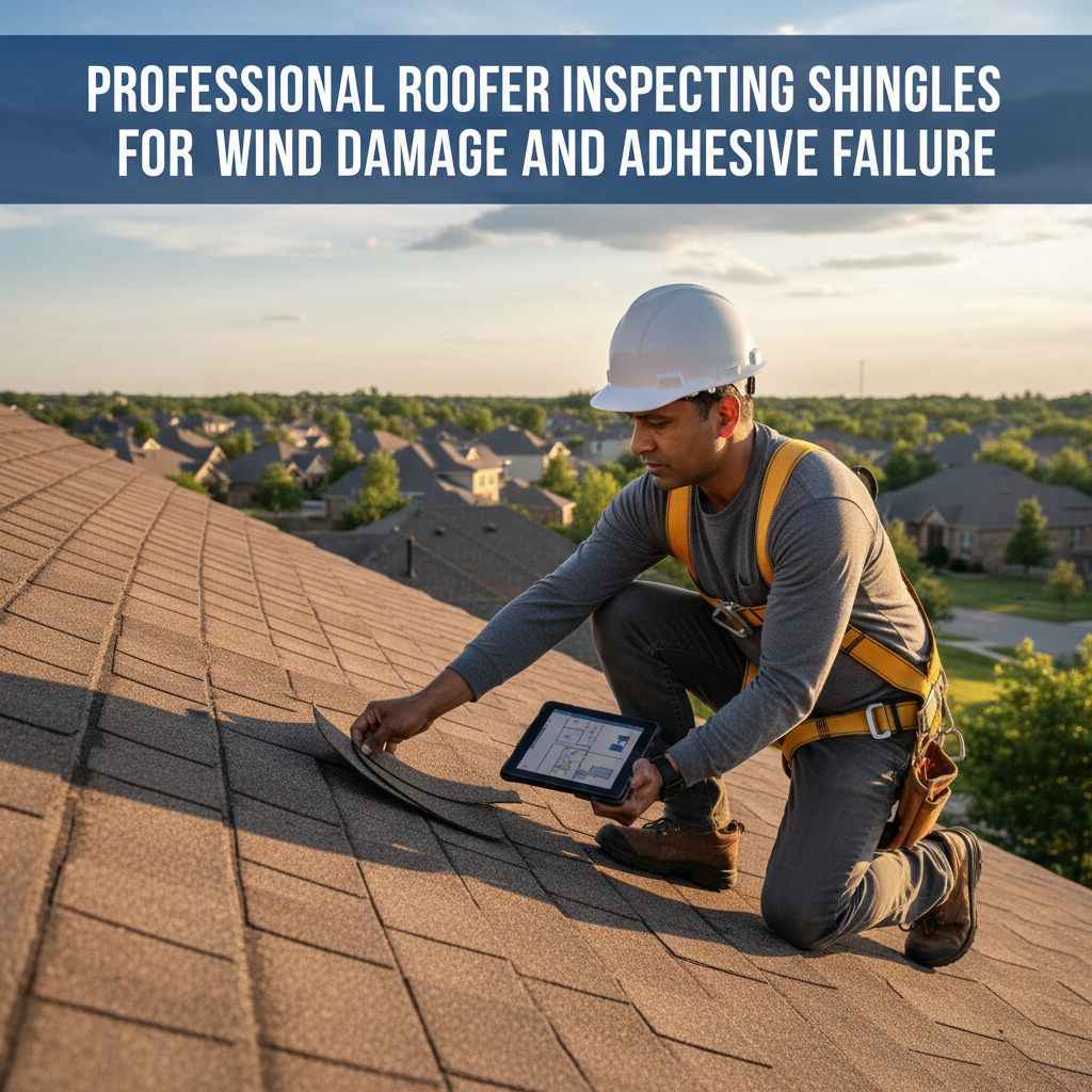Professional roofer inspecting shingles for wind damage and adhesive failure