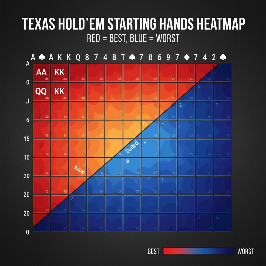 A chart showing the heat map of Texas Hold'em starting hands from red (best) to blue (worst)