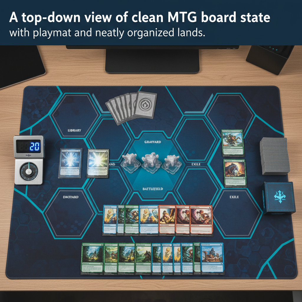 A top-down view of a clean MTG board state with a playmat, life counter, and neatly organized lands.