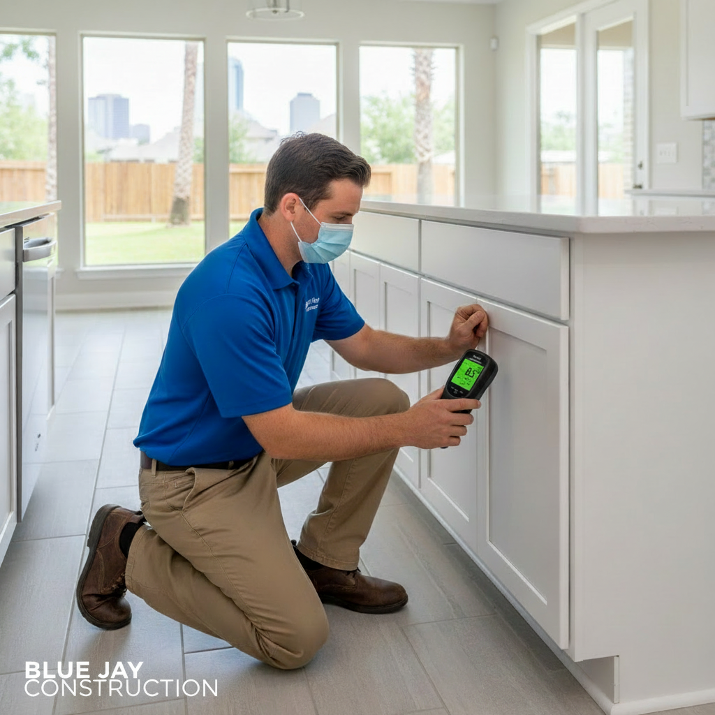 A technician using a moisture meter on a new cabinet door in a Houston home
